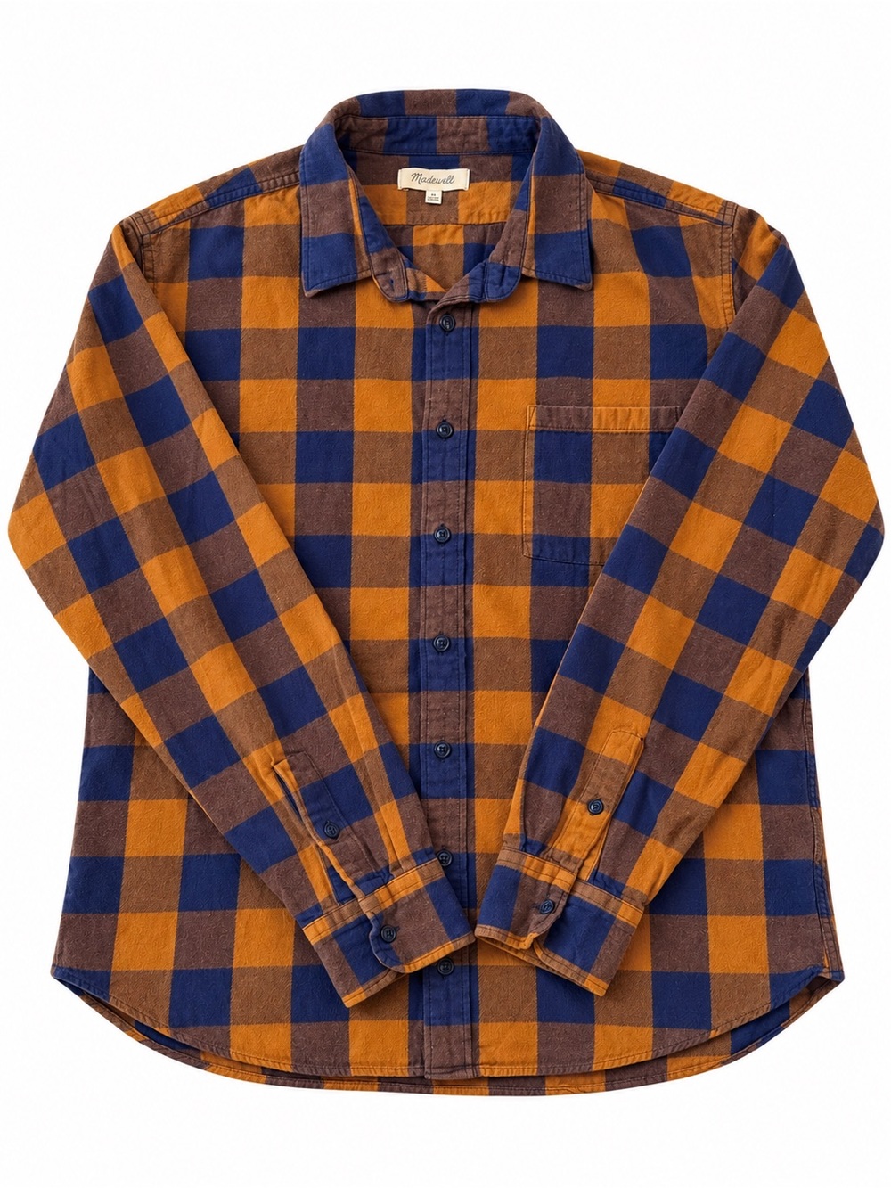 MADEWELL PLAID FLANNEL BUTTON DOWN SHIRT XLARGE MUSTARD BLUE COTTON OVERSHIRT